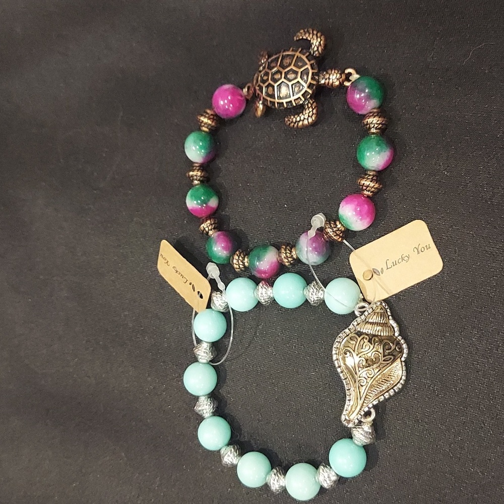 NWT Gemstone Bracelet Set with Turtle and Seashell Charms - Picture 5 of 7